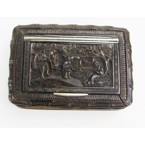 1326 - A late 19th century Chinese carved tortoiseshell snuff box, of rectangular outline, the hinged lid d... 