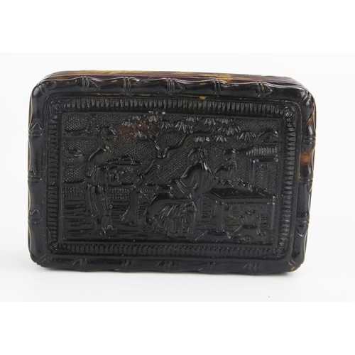 1326 - A late 19th century Chinese carved tortoiseshell snuff box, of rectangular outline, the hinged lid d... 