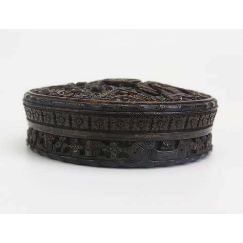 1327 - A 19th century Chinese carved tortoiseshell snuff box of circular form, with all over decoration of ... 