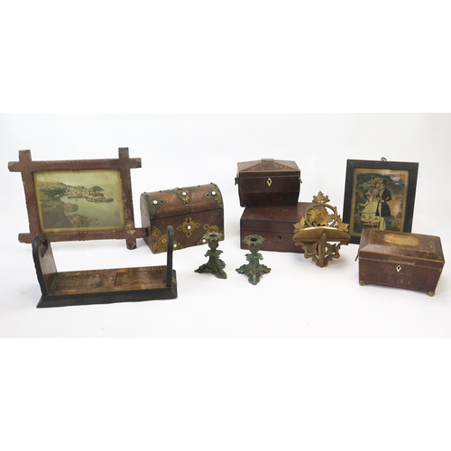 1339 - A burr walnut and brass mounted domed box, assorted other boxes, book rack, metal candlesticks, etc