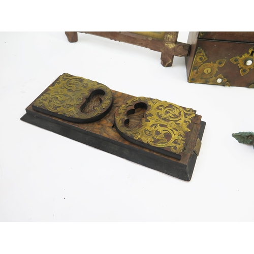 1339 - A burr walnut and brass mounted domed box, assorted other boxes, book rack, metal candlesticks, etc