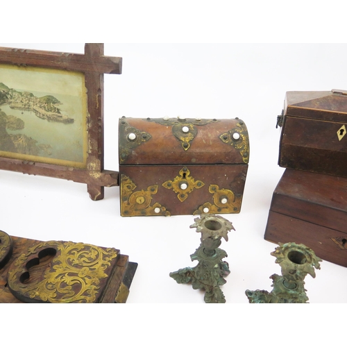 1339 - A burr walnut and brass mounted domed box, assorted other boxes, book rack, metal candlesticks, etc