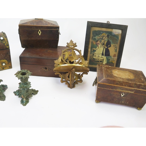 1339 - A burr walnut and brass mounted domed box, assorted other boxes, book rack, metal candlesticks, etc