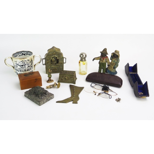 1345 - A Mauchline ware box, an Indian prayer box of arched outline, scent bottle,  and other collectables