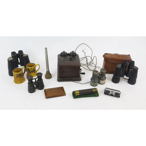 1346 - Four pairs of assorted binoculars and field glasses, telephone exchange, and mugs.