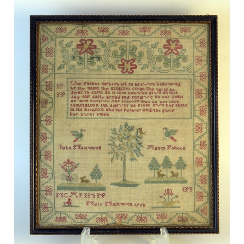 1350 - A George III needlework sampler, with central Lord's Prayer, animals, birds, trees and flowering shr... 