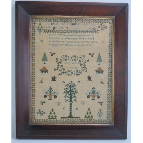 1353 - A George IV needlework sampler, with upper and lower case alphabets, verse, Adam and Eve, crowns, an... 