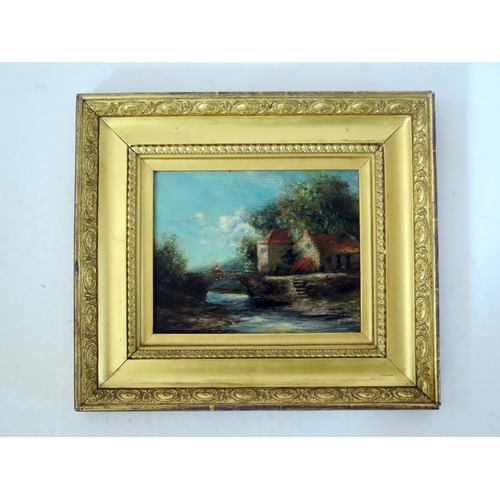 1473 - 19th Oil on Panel, Figure on a bridge with cottage, 24x19cm, gilt gesso frame