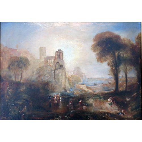 1474 - A 19th Century Oil on Canvas, Figures with ruins in wooded estuary setting, 34.5x24cm, annotation ve... 