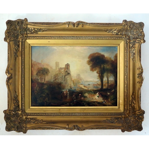 1474 - A 19th Century Oil on Canvas, Figures with ruins in wooded estuary setting, 34.5x24cm, annotation ve... 