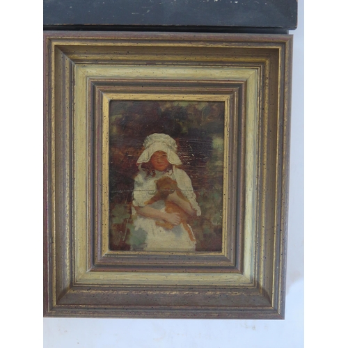 1477 - Young Girl with Teddy Bear (oil on panel, 12x9cm, framed), 19th century naïve watercolour of young c... 