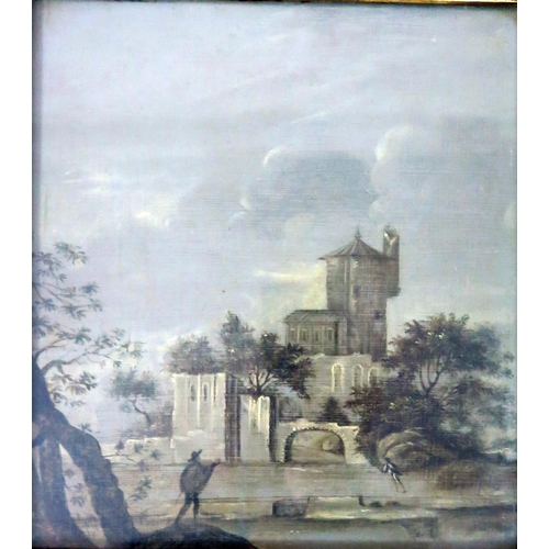 1479 - A 19th Century Monochrome Castle Scene (26x23.5cm, oil on panel, f&g), another of a seller of potion... 