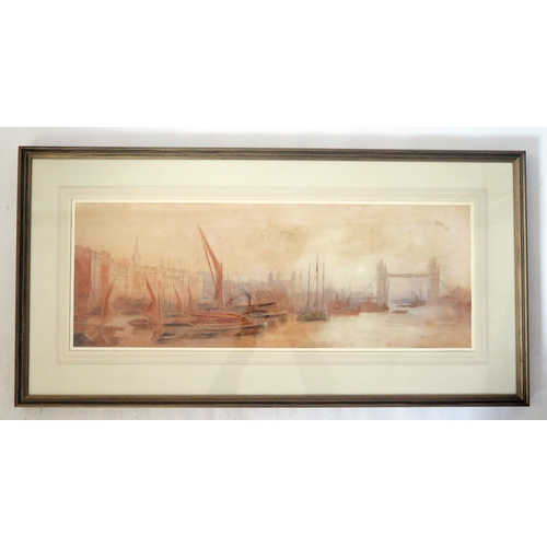 1488 - A Scene of The Tower and Tower Bridge from The Thames, watercolour, 71x26cm, F&G