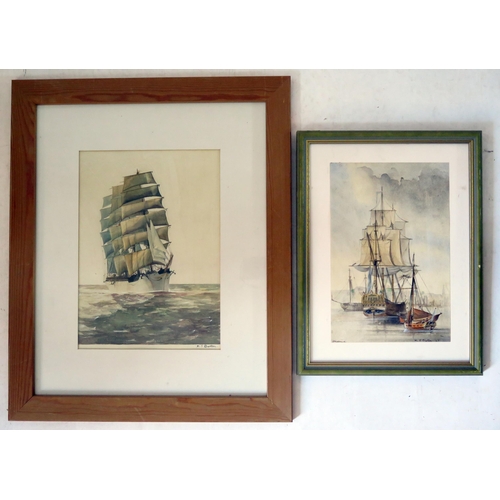 1494 - M J Barton, Portrait of a Tall Ship, watercolour, 34x24cm, f&g, and one of Stockholm