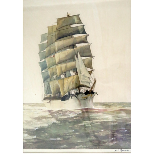 1494 - M J Barton, Portrait of a Tall Ship, watercolour, 34x24cm, f&g, and one of Stockholm