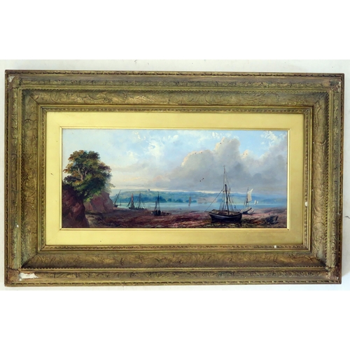 1497 - Lympstone Estuary with views to Belvedere Tower, 19th century oil on board, 46x20cm, gesso framed