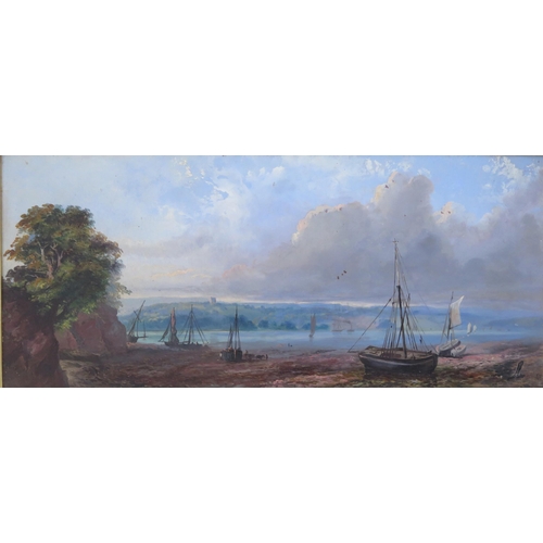 1497 - Lympstone Estuary with views to Belvedere Tower, 19th century oil on board, 46x20cm, gesso framed