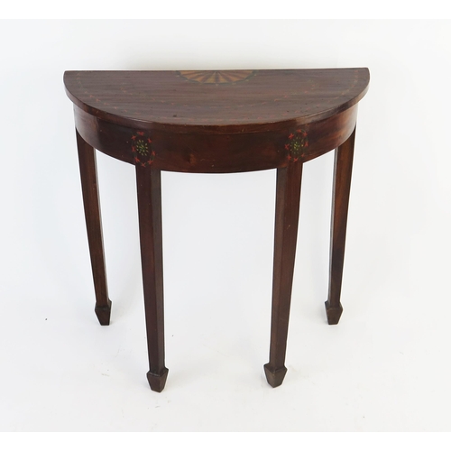 1526 - An Edwardian mahogany and painted half-round side table, the top with painted fan and garland decora... 