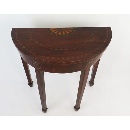 1526 - An Edwardian mahogany and painted half-round side table, the top with painted fan and garland decora... 