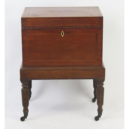 1529 - A William IV period mahogany and boxwood strung cellarette, of rectangular outline, the hinged lid e... 