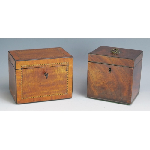 1559 - A 19th century mahogany and chequer strung tea caddy, 14cm wide, together with another square mahoga... 