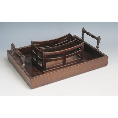 1561 - A 19th century rosewood and pewter strung serving tray, with solid sides and ring turned loop handle... 