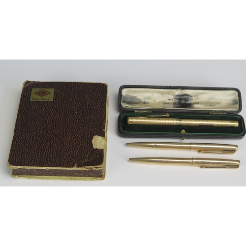 1568 - A swan gold plated fountain pen, together with a gold plated Parker propelling pencil and ball point... 