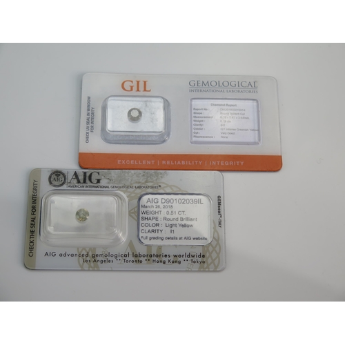 157 - Two Certificated Fancy Colour Diamonds in blister packs with gemological reports: GIL .75ct intense ... 