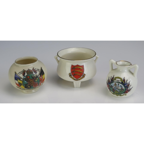 1570 - A W H Goss crested miniature cauldron, with Essex coat of arms, together with two other pieces of cr... 