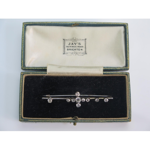 158 - An Antique 18ct Gold and Old Diamond Bar Brooch, 63.4mm long, stamped 18CT, W&P (or W&F), boxed, 5g