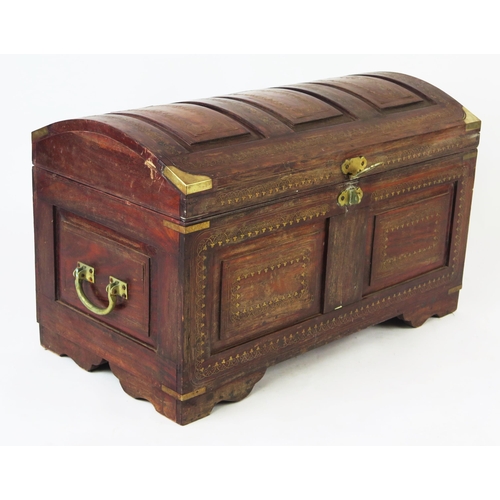 1587 - A hardwood and brass inlaid chest, with domed triple panelled hinged lid, with panelled front and si... 