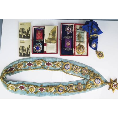 1614 - Royal Antediluvian Order of Buffaloes blue silk and jewel applied collar, together with silver gilt ... 