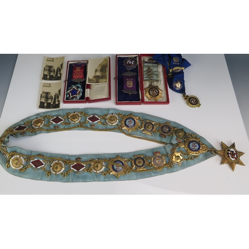 1614 - Royal Antediluvian Order of Buffaloes blue silk and jewel applied collar, together with silver gilt ... 