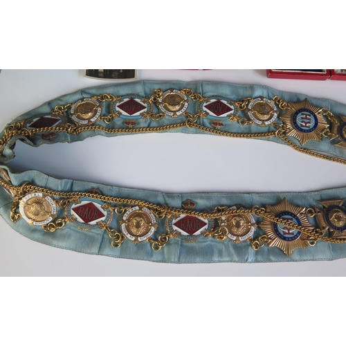 1614 - Royal Antediluvian Order of Buffaloes blue silk and jewel applied collar, together with silver gilt ... 