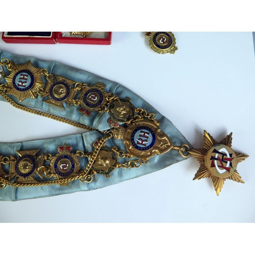 1614 - Royal Antediluvian Order of Buffaloes blue silk and jewel applied collar, together with silver gilt ... 