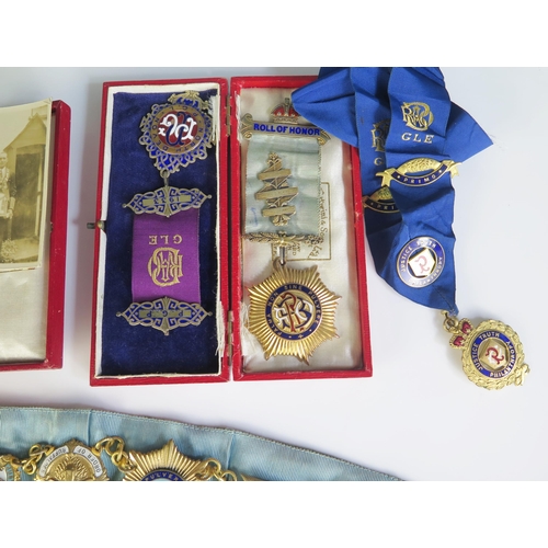 1614 - Royal Antediluvian Order of Buffaloes blue silk and jewel applied collar, together with silver gilt ... 