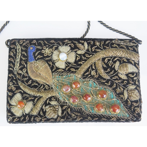 1617 - A continental ladies cocktail purse, with polished agate and bullion work decoration of a peacock.