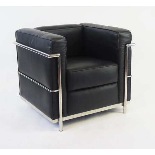 1629 - A Le Corbusier LC2 style armchair with tubular chrome plated frame in black upholstery.