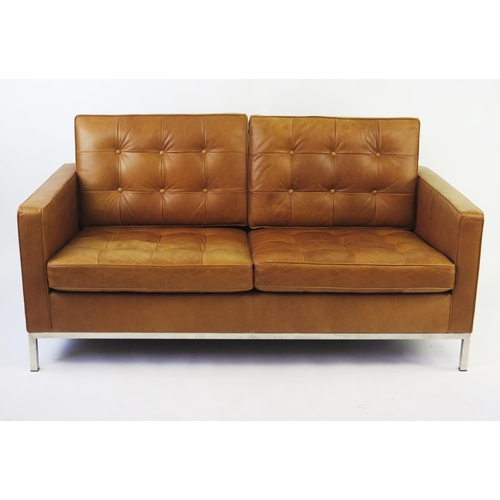 1631 - A Florence Knoll style two-seater settee in caramel button down upholstery, raised on chrome legs, 1... 