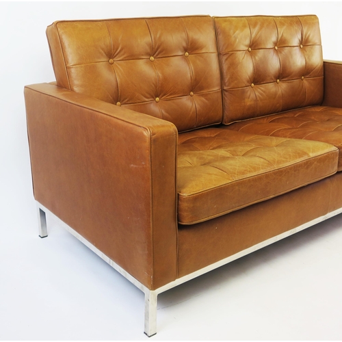 1631 - A Florence Knoll style two-seater settee in caramel button down upholstery, raised on chrome legs, 1... 