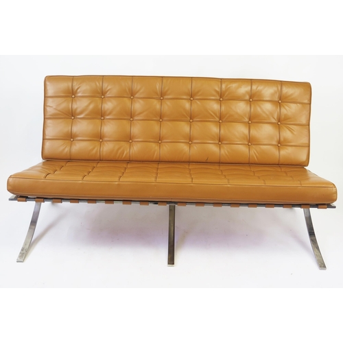 1632 - A Barcelona style three-seater settee, in caramel button-down upholstery, on chrome x-shaped frame, ... 