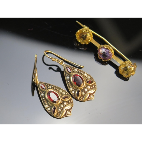 164 - A Pair of 9ct Gold, Garnet and Seed Pearl Pendant Earrings (33.2mm drop, hallmarked, 4.05g) and a th... 