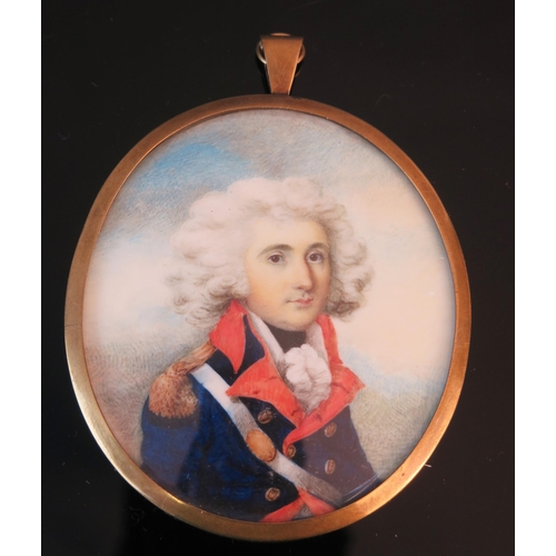 1656 - English School, portrait of a gentleman in uniform, with white cross belt, miniature on ivory, oval,... 