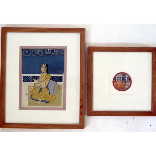 1662 - An Antique Indian Miniature (6.8mm diam., F&G) and a painting of a seated beautiful women with a bol... 