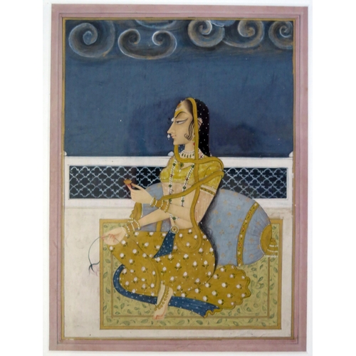 1662 - An Antique Indian Miniature (6.8mm diam., F&G) and a painting of a seated beautiful women with a bol... 