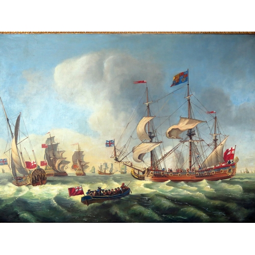 1669 - M J Barton, Royal Visit To The Fleet (1665), signed oil on canvas, 103x74cm, gilt gesso frame. Sold ... 