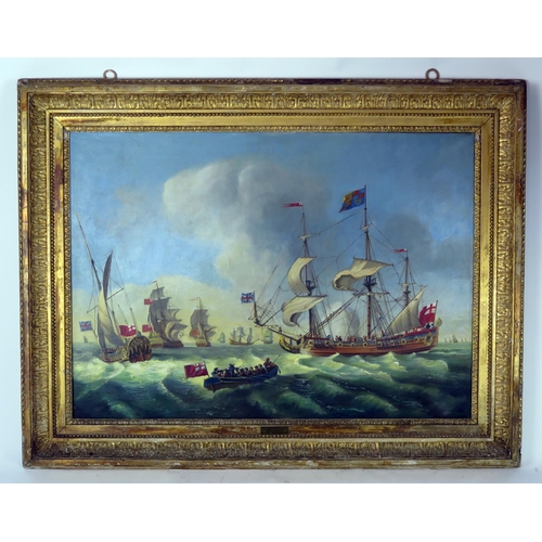 1669 - M J Barton, Royal Visit To The Fleet (1665), signed oil on canvas, 103x74cm, gilt gesso frame. Sold ... 