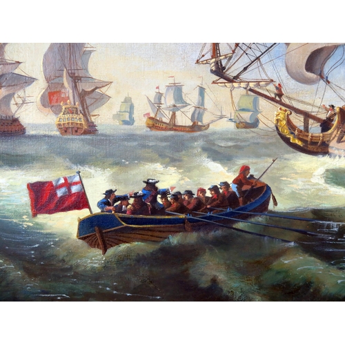 1669 - M J Barton, Royal Visit To The Fleet (1665), signed oil on canvas, 103x74cm, gilt gesso frame. Sold ... 