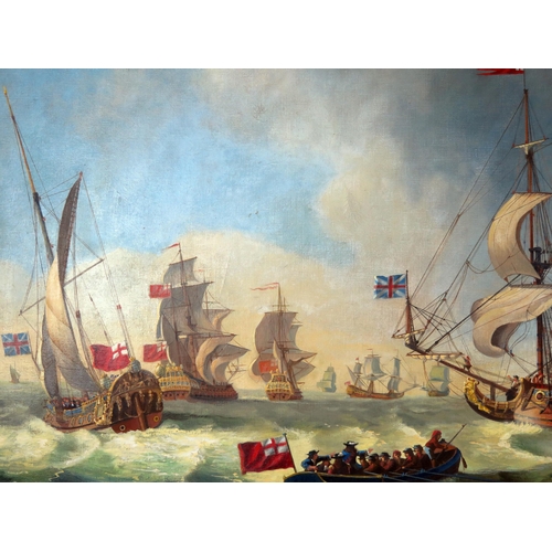 1669 - M J Barton, Royal Visit To The Fleet (1665), signed oil on canvas, 103x74cm, gilt gesso frame. Sold ... 