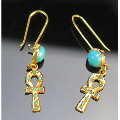 171 - A Pair of Egyptian 18ct Gold and Turquoise Ankh Pendant Earrings, 44.2mm drop, 2.23g